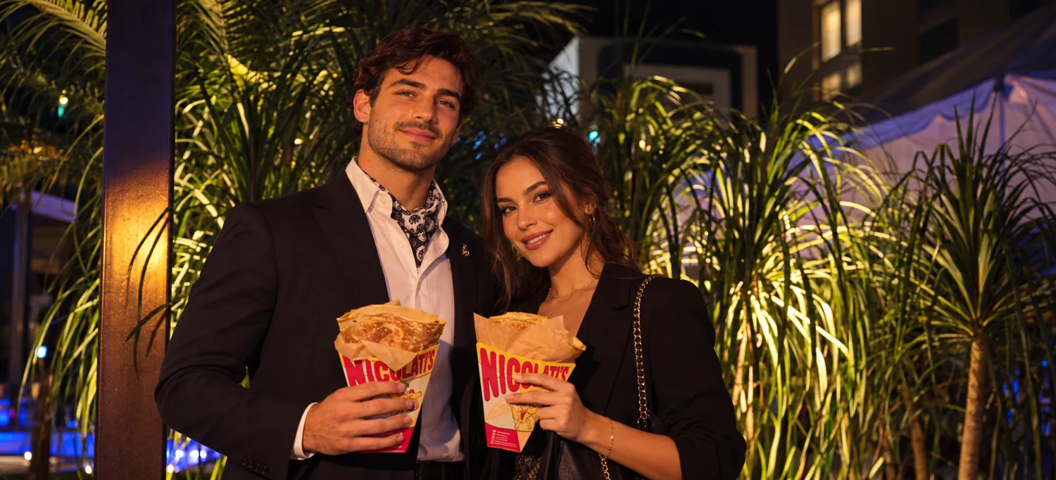 Pareja elegante sosteniendo crepas NICOLATI'S en un evento nocturno al aire libre